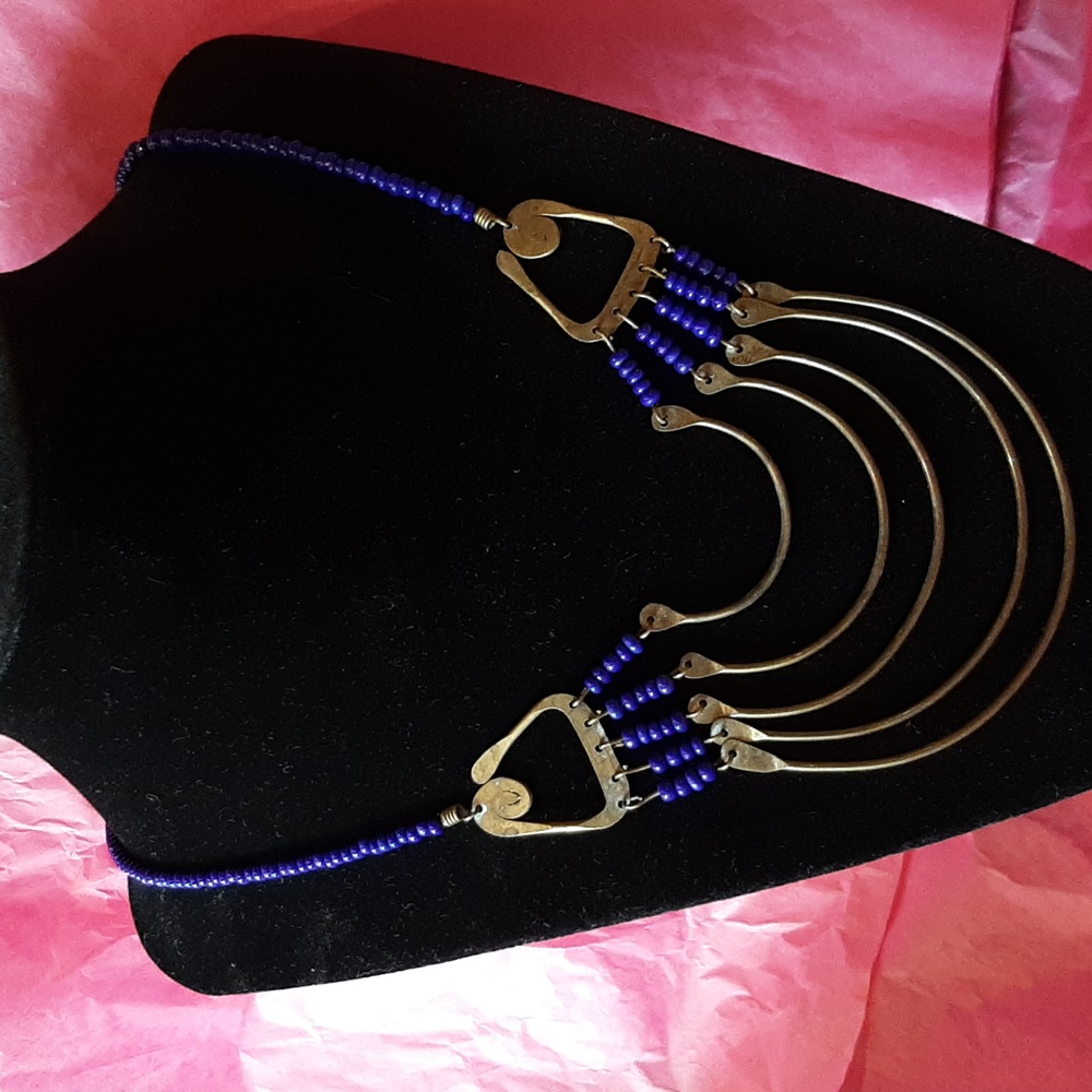 Brass & Blue Glass Necklace & Earrings